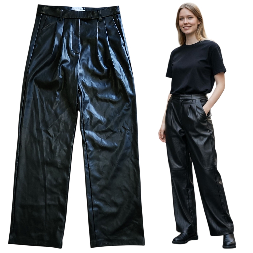 Steve Madden Black Vegan Leather Pleated High Rise Straight Leg Trouser Pants S